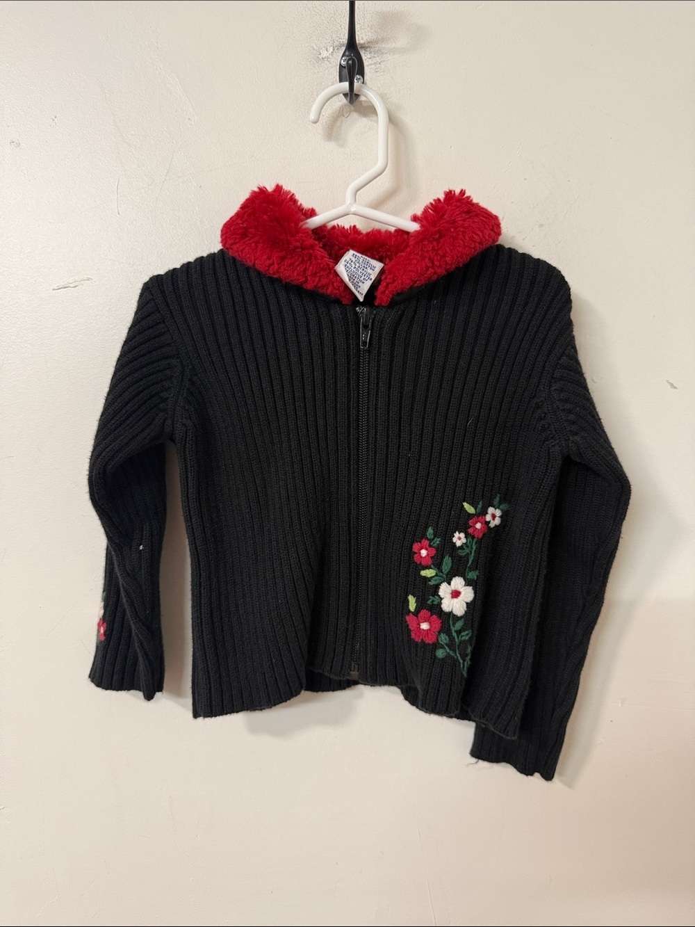 Gymboree Black Knit Zip Hoodie with Red Faux Fur Hood and Floral Embroidery